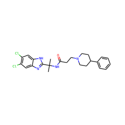 CC(C)(NC(=O)CCN1CCC(c2ccccc2)CC1)c1nc2cc(Cl)c(Cl)cc2[nH]1 ZINC000082153594