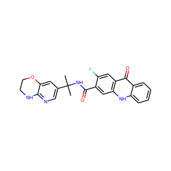 CC(C)(NC(=O)c1cc2[nH]c3ccccc3c(=O)c2cc1F)c1cnc2c(c1)OCCN2 ZINC000014970341