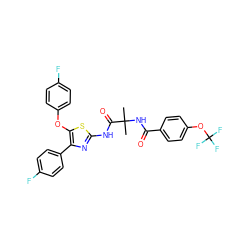 CC(C)(NC(=O)c1ccc(OC(F)(F)F)cc1)C(=O)Nc1nc(-c2ccc(F)cc2)c(Oc2ccc(F)cc2)s1 ZINC000118621399