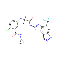 CC(C)(Nc1ccc(Cl)c(C(=O)NC2CC2)c1)C(=O)Nc1nc2c(C(F)(F)F)cc3[nH]ncc3c2s1 ZINC000115722341