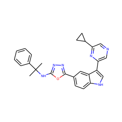 CC(C)(Nc1nnc(-c2ccc3[nH]cc(-c4cncc(C5CC5)n4)c3c2)o1)c1ccccc1 ZINC000204760775