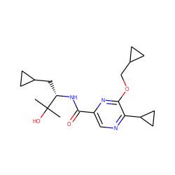 CC(C)(O)[C@H](CC1CC1)NC(=O)c1cnc(C2CC2)c(OCC2CC2)n1 ZINC000219764209