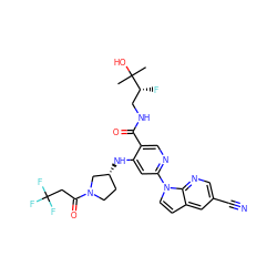 CC(C)(O)[C@H](F)CNC(=O)c1cnc(-n2ccc3cc(C#N)cnc32)cc1N[C@@H]1CCN(C(=O)CC(F)(F)F)C1 ZINC001772589460
