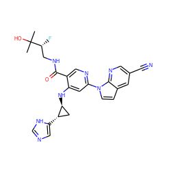 CC(C)(O)[C@H](F)CNC(=O)c1cnc(-n2ccc3cc(C#N)cnc32)cc1N[C@H]1C[C@@H]1c1cnc[nH]1 ZINC001772626007