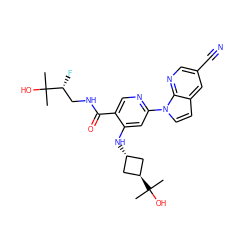 CC(C)(O)[C@H](F)CNC(=O)c1cnc(-n2ccc3cc(C#N)cnc32)cc1N[C@H]1C[C@H](C(C)(C)O)C1 ZINC001772605212