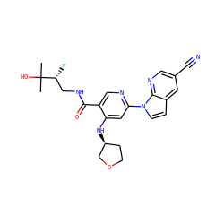 CC(C)(O)[C@H](F)CNC(=O)c1cnc(-n2ccc3cc(C#N)cnc32)cc1N[C@H]1CCOC1 ZINC001772639124