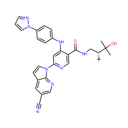 CC(C)(O)[C@H](F)CNC(=O)c1cnc(-n2ccc3cc(C#N)cnc32)cc1Nc1ccc(-n2cccn2)cc1 ZINC001772584902