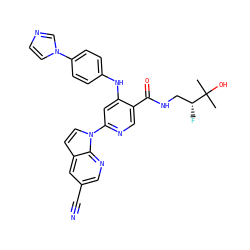 CC(C)(O)[C@H](F)CNC(=O)c1cnc(-n2ccc3cc(C#N)cnc32)cc1Nc1ccc(-n2ccnc2)cc1 ZINC001772654889