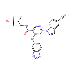 CC(C)(O)[C@H](F)CNC(=O)c1cnc(-n2ccc3cc(C#N)cnc32)cc1Nc1ccc2nc[nH]c2c1 ZINC001772599921