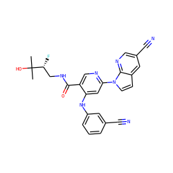 CC(C)(O)[C@H](F)CNC(=O)c1cnc(-n2ccc3cc(C#N)cnc32)cc1Nc1cccc(C#N)c1 ZINC001772583540