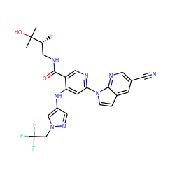 CC(C)(O)[C@H](F)CNC(=O)c1cnc(-n2ccc3cc(C#N)cnc32)cc1Nc1cnn(CC(F)(F)F)c1 ZINC001772639610