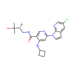 CC(C)(O)[C@H](F)CNC(=O)c1cnc(-n2ccc3cc(Cl)cnc32)cc1NC1CCC1 ZINC001772647920