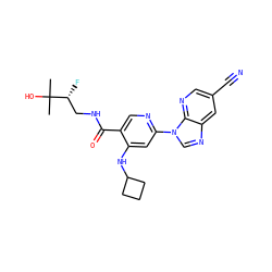 CC(C)(O)[C@H](F)CNC(=O)c1cnc(-n2cnc3cc(C#N)cnc32)cc1NC1CCC1 ZINC001772586728