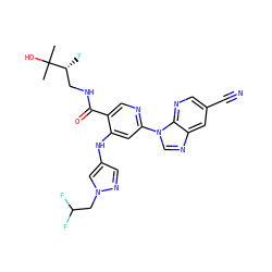 CC(C)(O)[C@H](F)CNC(=O)c1cnc(-n2cnc3cc(C#N)cnc32)cc1Nc1cnn(CC(F)F)c1 ZINC001772630070