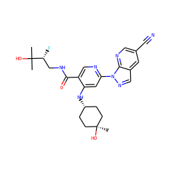 CC(C)(O)[C@H](F)CNC(=O)c1cnc(-n2ncc3cc(C#N)cnc32)cc1N[C@H]1CC[C@](C)(O)CC1 ZINC001772626044