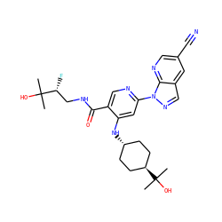 CC(C)(O)[C@H](F)CNC(=O)c1cnc(-n2ncc3cc(C#N)cnc32)cc1N[C@H]1CC[C@H](C(C)(C)O)CC1 ZINC001772607713