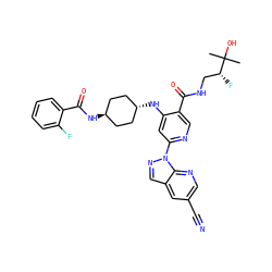 CC(C)(O)[C@H](F)CNC(=O)c1cnc(-n2ncc3cc(C#N)cnc32)cc1N[C@H]1CC[C@H](NC(=O)c2ccccc2F)CC1 ZINC001772630304