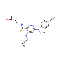 CC(C)(O)[C@H](F)CNC(=O)c1cnc(-n2ncc3cc(C#N)cnc32)cc1NCC1CC1 ZINC001772623856