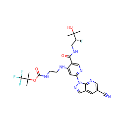 CC(C)(O)[C@H](F)CNC(=O)c1cnc(-n2ncc3cc(C#N)cnc32)cc1NCCNC(=O)OC(C)(C)C(F)(F)F ZINC001772624191