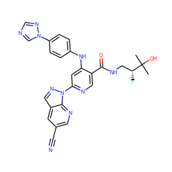 CC(C)(O)[C@H](F)CNC(=O)c1cnc(-n2ncc3cc(C#N)cnc32)cc1Nc1ccc(-n2cncn2)cc1 ZINC001772579593