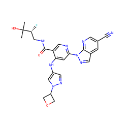 CC(C)(O)[C@H](F)CNC(=O)c1cnc(-n2ncc3cc(C#N)cnc32)cc1Nc1cnn(C2COC2)c1 ZINC001772613521