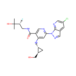 CC(C)(O)[C@H](F)CNC(=O)c1cnc(-n2ncc3cc(Cl)cnc32)cc1N[C@@H]1C[C@H]1CO ZINC001772599376