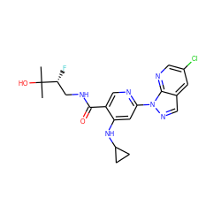 CC(C)(O)[C@H](F)CNC(=O)c1cnc(-n2ncc3cc(Cl)cnc32)cc1NC1CC1 ZINC001772621471