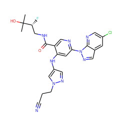 CC(C)(O)[C@H](F)CNC(=O)c1cnc(-n2ncc3cc(Cl)cnc32)cc1Nc1cnn(CCC#N)c1 ZINC001772654970