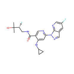 CC(C)(O)[C@H](F)CNC(=O)c1cnc(-n2ncc3cc(F)cnc32)cc1NC1CC1 ZINC001772571942