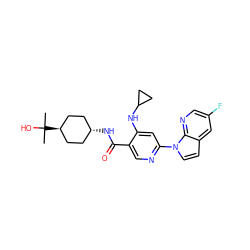 CC(C)(O)[C@H]1CC[C@H](NC(=O)c2cnc(-n3ccc4cc(F)cnc43)cc2NC2CC2)CC1 ZINC001772621030