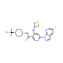 CC(C)(O)[C@H]1CC[C@H](NC(=O)c2cnc(-n3ncc4cc(Cl)cnc43)cc2NC2COC2)CC1 ZINC001772592846