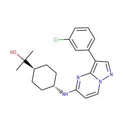 CC(C)(O)[C@H]1CC[C@H](Nc2ccn3ncc(-c4cccc(Cl)c4)c3n2)CC1 ZINC000299838715