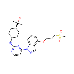 CC(C)(O)[C@H]1CC[C@H](Nc2nccc(-n3ncc4c(OCCCS(C)(=O)=O)cccc43)n2)CC1 ZINC000299845622