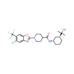 CC(C)(O)[C@H]1CCC[C@H](NC(=O)C2CCN(c3nc4cc(Cl)c(C(F)(F)F)cc4o3)CC2)C1 ZINC000095585750