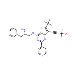 CC(C)(O)C#Cc1c(C(C)(C)C)sc2c(NC[C@@H](N)Cc3ccccc3)nc(-c3ccncc3)nc12 ZINC000223693736