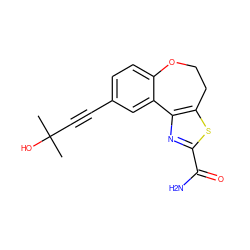 CC(C)(O)C#Cc1ccc2c(c1)-c1nc(C(N)=O)sc1CCO2 ZINC000205786874