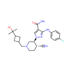 CC(C)(O)C1CC(CN2CC[C@@H](C#N)[C@H](n3cc(C(N)=O)c(Nc4ccc(F)cc4)n3)C2)C1 ZINC000220717554