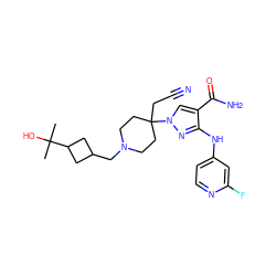 CC(C)(O)C1CC(CN2CCC(CC#N)(n3cc(C(N)=O)c(Nc4ccnc(F)c4)n3)CC2)C1 ZINC000220975149