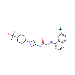 CC(C)(O)C1CCC(N2CC(NC(=O)CNc3ncnc4ccc(C(F)(F)F)cc34)C2)CC1 ZINC000149174748