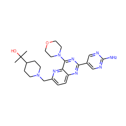 CC(C)(O)C1CCN(Cc2ccc3nc(-c4cnc(N)nc4)nc(N4CCOCC4)c3n2)CC1 ZINC000095574793