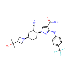 CC(C)(O)C1CN([C@@H]2CC[C@H](n3cc(C(N)=O)c(Nc4ccc(C(F)(F)F)cc4)n3)[C@@H](C#N)C2)C1 ZINC000221855674