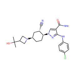 CC(C)(O)C1CN([C@@H]2CC[C@H](n3cc(C(N)=O)c(Nc4ccc(Cl)cc4)n3)[C@@H](C#N)C2)C1 ZINC000222980839