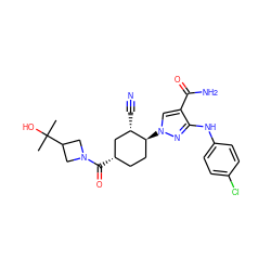 CC(C)(O)C1CN(C(=O)[C@H]2CC[C@H](n3cc(C(N)=O)c(Nc4ccc(Cl)cc4)n3)[C@@H](C#N)C2)C1 ZINC000221864888