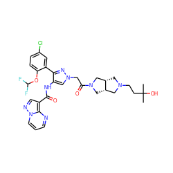 CC(C)(O)CCN1C[C@H]2CN(C(=O)Cn3cc(NC(=O)c4cnn5cccnc45)c(-c4cc(Cl)ccc4OC(F)F)n3)C[C@H]2C1 ZINC001772624470