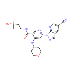 CC(C)(O)CCNC(=O)c1cnc(-n2ncc3cc(C#N)cnc32)cc1NC1CCOCC1 ZINC001772654581