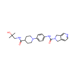 CC(C)(O)CNC(=O)C1CCN(c2ccc(NC(=O)N3Cc4ccncc4C3)cc2)CC1 ZINC000166270557