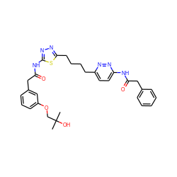 CC(C)(O)COc1cccc(CC(=O)Nc2nnc(CCCCc3ccc(NC(=O)Cc4ccccc4)nn3)s2)c1 ZINC000169698395