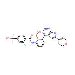 CC(C)(O)c1ccc(C(=O)Nc2cccc(-c3ncnc4[nH]c(C5=CCOCC5)cc34)c2CO)c(F)c1 ZINC000142918155