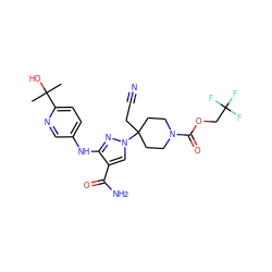 CC(C)(O)c1ccc(Nc2nn(C3(CC#N)CCN(C(=O)OCC(F)(F)F)CC3)cc2C(N)=O)cn1 ZINC000218406666