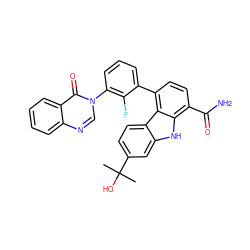 CC(C)(O)c1ccc2c(c1)[nH]c1c(C(N)=O)ccc(-c3cccc(-n4cnc5ccccc5c4=O)c3F)c12 ZINC000584904913